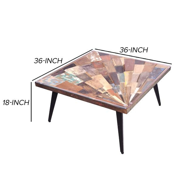 Square Wooden Coffee Table With Sunburst Design Glass Inserted Top, Multicolor