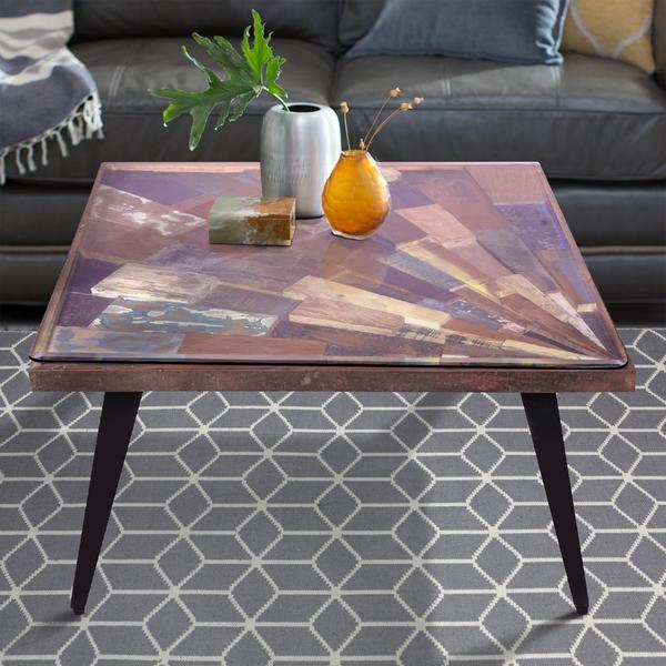 Square Wooden Coffee Table With Sunburst Design Glass Inserted Top, Multicolor
