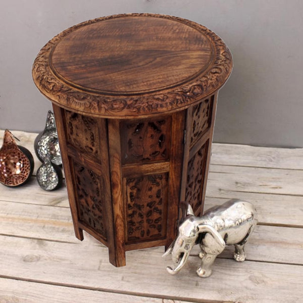 The Urban Port Wooden Hand Carved Folding Accent Coffee Table, Brown - UPT-148946