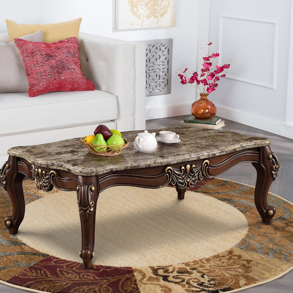 Traditional Style Rectangular Wood And Marble Coffee Table, Brown