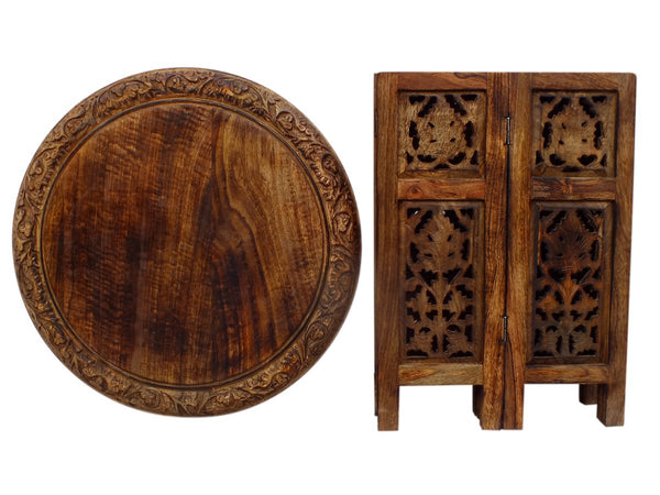 The Urban Port Wooden Hand Carved Folding Accent Coffee Table, Brown - UPT-148946