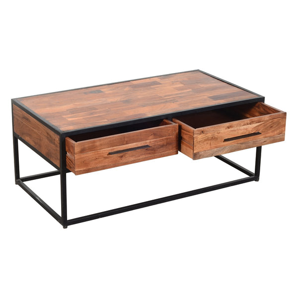 2 Drawer Industrial Metal Coffee Table With Wooden Tile Top, Brown And Black - UPT-197873