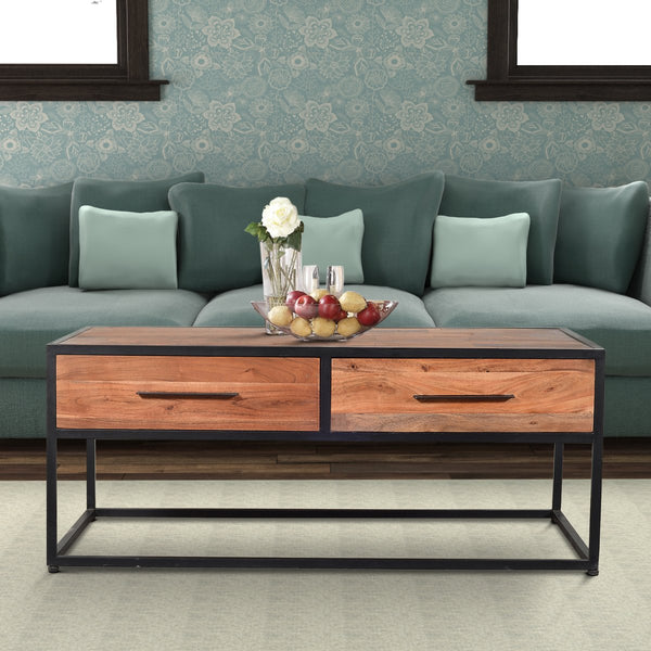 2 Drawer Industrial Metal Coffee Table With Wooden Tile Top, Brown And Black - UPT-197873