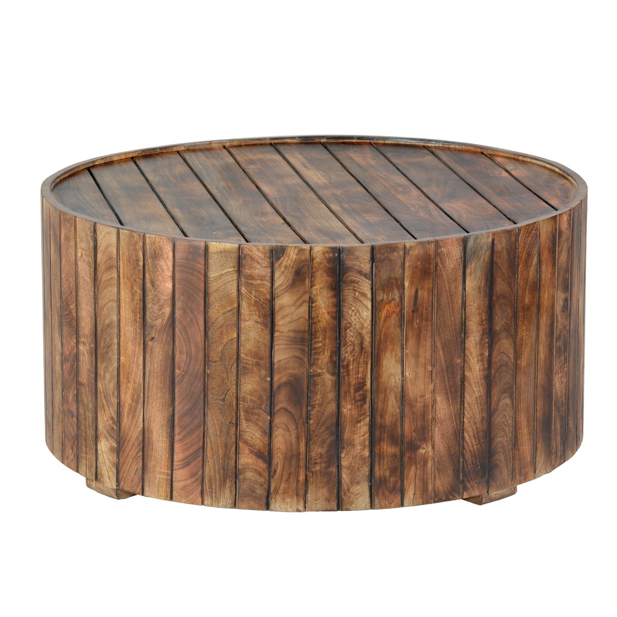 34 Inch Handmade Wooden Round Coffee Table With Plank Design, Burned Brown - UPT-204785