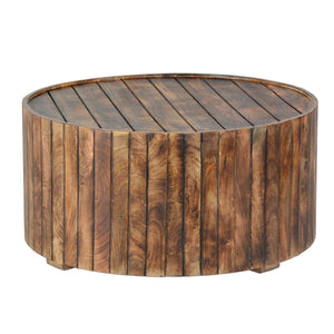 34 Inch Handmade Wooden Round Coffee Table With Plank Design, Burned Brown - UPT-204785