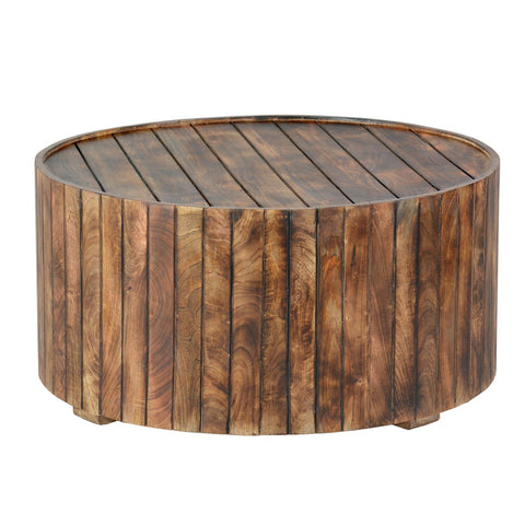 34 Inch Handmade Wooden Round Coffee Table With Plank Design, Burned Brown - UPT-204785
