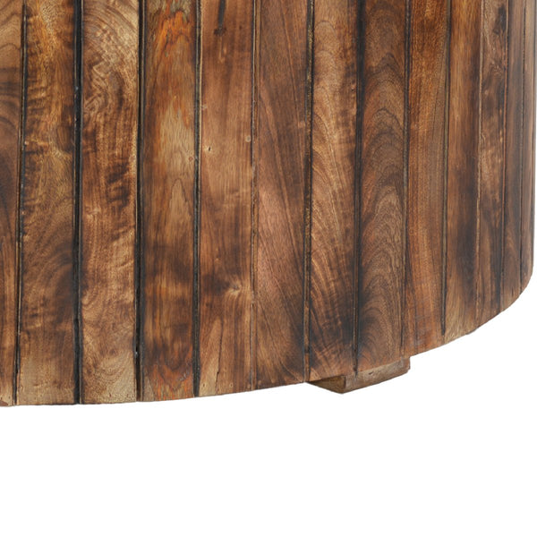 34 Inch Handmade Wooden Round Coffee Table With Plank Design, Burned Brown - UPT-204785