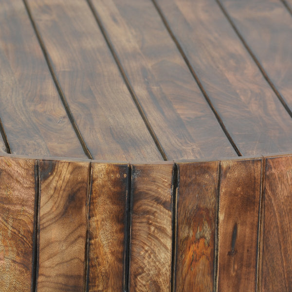 34 Inch Handmade Wooden Round Coffee Table With Plank Design, Burned Brown - UPT-204785