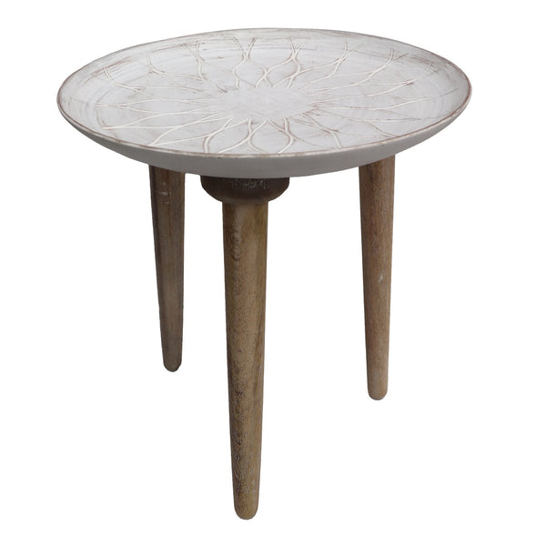 Mango Wood Bowl Top Side End Coffee Table With Angled Tripod Base, Set Of 3, White And Brown - UPT-209570