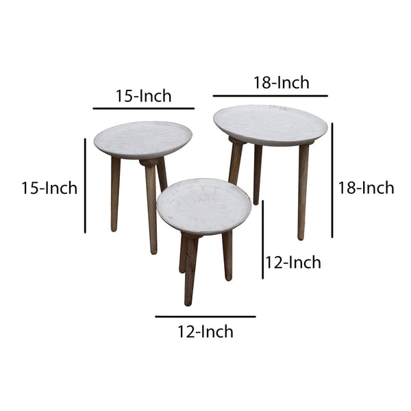 Mango Wood Bowl Top Side End Coffee Table With Angled Tripod Base, Set Of 3, White And Brown - UPT-209570