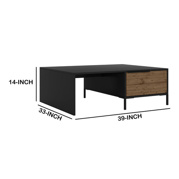 Wood And Metal Rectangular Accent Coffee Table With Drawer, Brown And Black
