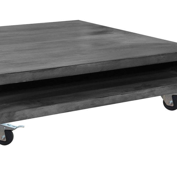 Square Mango Wood Coffee Table With Casters And Open Storage Compartment, Grey