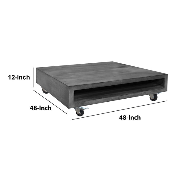Square Mango Wood Coffee Table With Casters And Open Storage Compartment, Grey