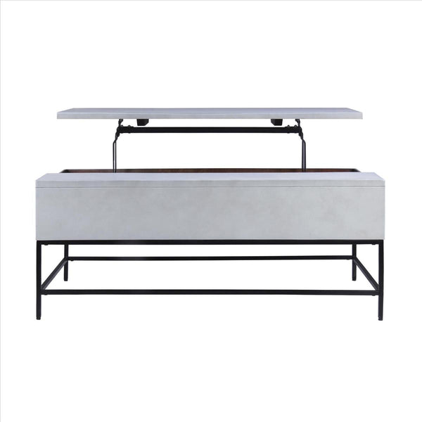 46 Inch Lift Top Storage Mango Wood Coffee Table With Tubular Metal Base,Gray And Black