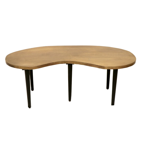 Industrial Kidney Bean Shaped Brass Top Coffee Table With Tapered Legs, Brass And Black