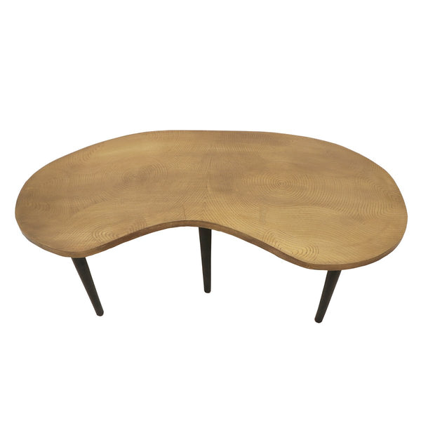 Industrial Kidney Bean Shaped Brass Top Coffee Table With Tapered Legs, Brass And Black