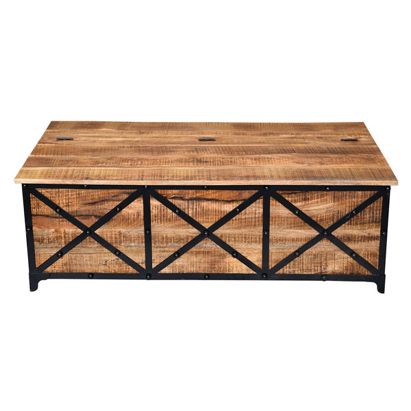 54 Inch Metal Cross Front Mango Wood Trunk Storage Coffee Table With Hinged Top,Brown And Blac - UPT-232507