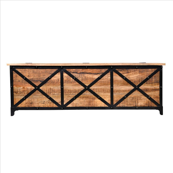 54 Inch Metal Cross Front Mango Wood Trunk Storage Coffee Table With Hinged Top,Brown And Blac - UPT-232507