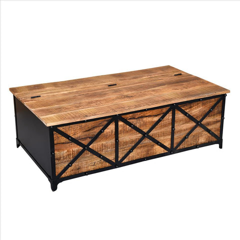 54 Inch Metal Cross Front Mango Wood Trunk Storage Coffee Table With Hinged Top,Brown And Blac - UPT-232507