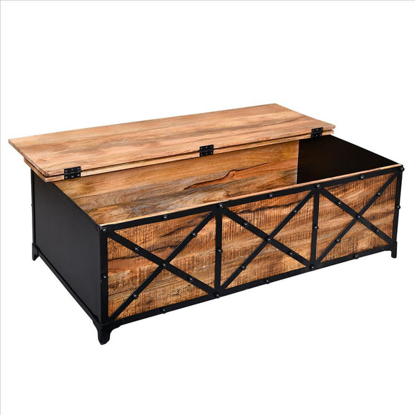 54 Inch Metal Cross Front Mango Wood Trunk Storage Coffee Table With Hinged Top,Brown And Blac - UPT-232507