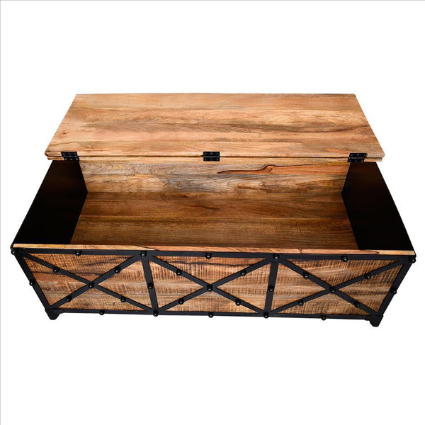54 Inch Metal Cross Front Mango Wood Trunk Storage Coffee Table With Hinged Top,Brown And Blac - UPT-232507