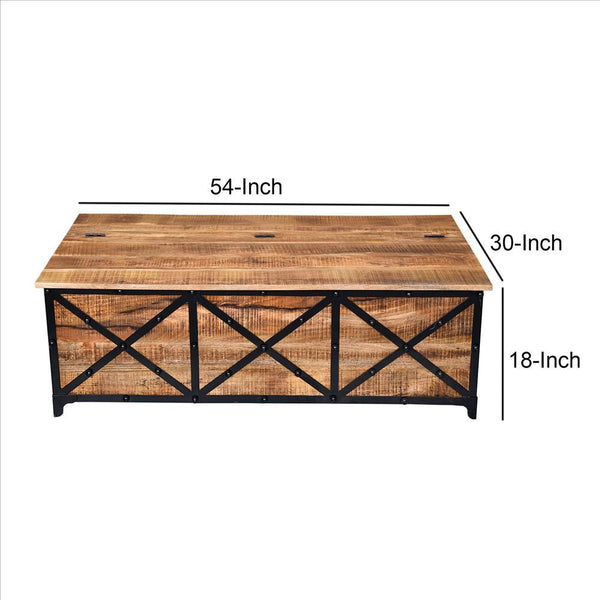 54 Inch Metal Cross Front Mango Wood Trunk Storage Coffee Table With Hinged Top,Brown And Blac - UPT-232507