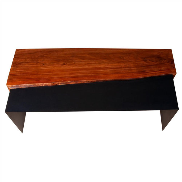 Rectangular Wood And Metal Panel Top Industrial Coffee Table With Grains, Brown And Black - UPT-238063