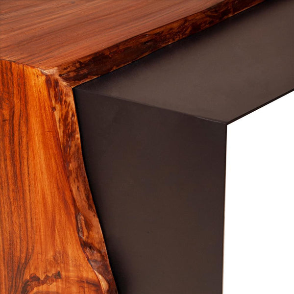 Rectangular Wood And Metal Panel Top Industrial Coffee Table With Grains, Brown And Black - UPT-238063