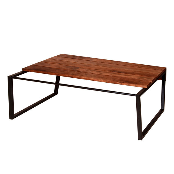 Rectangular Wooden Industrial Coffee Table With Metal Sled Base, Brown And Black