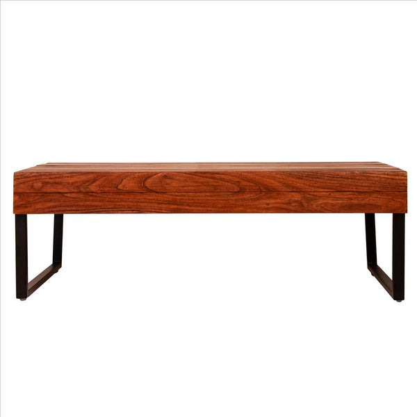 Rectangular Wooden Industrial Coffee Table With Metal Sled Base, Brown And Black