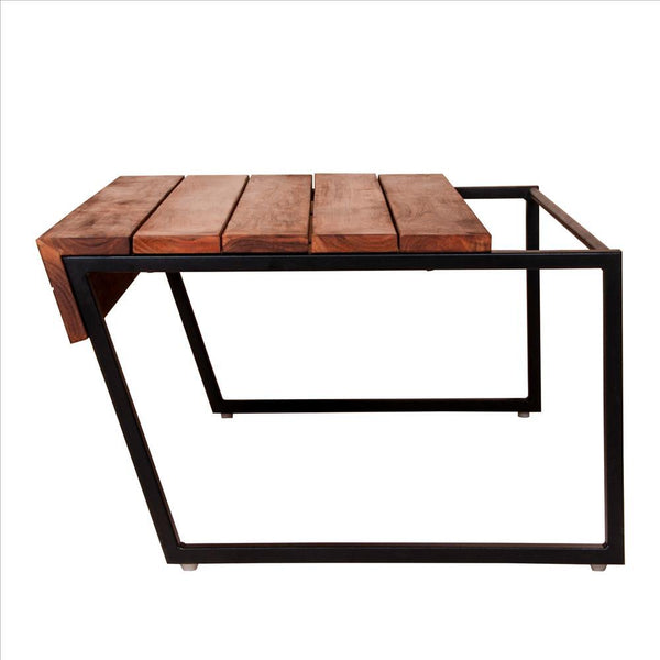 Rectangular Wooden Industrial Coffee Table With Metal Sled Base, Brown And Black