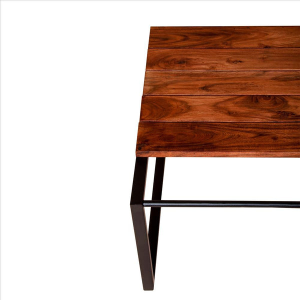Rectangular Wooden Industrial Coffee Table With Metal Sled Base, Brown And Black