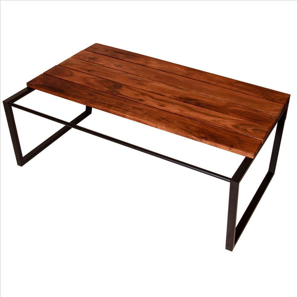 Rectangular Wooden Industrial Coffee Table With Metal Sled Base, Brown And Black