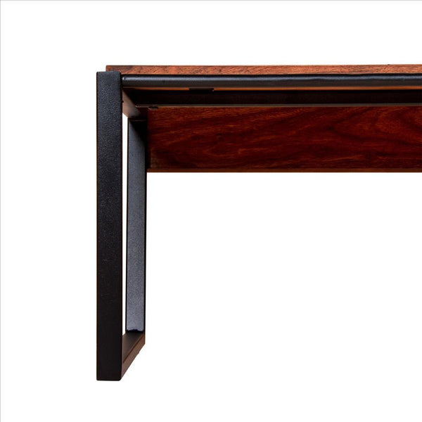 Rectangular Wooden Industrial Coffee Table With Metal Sled Base, Brown And Black