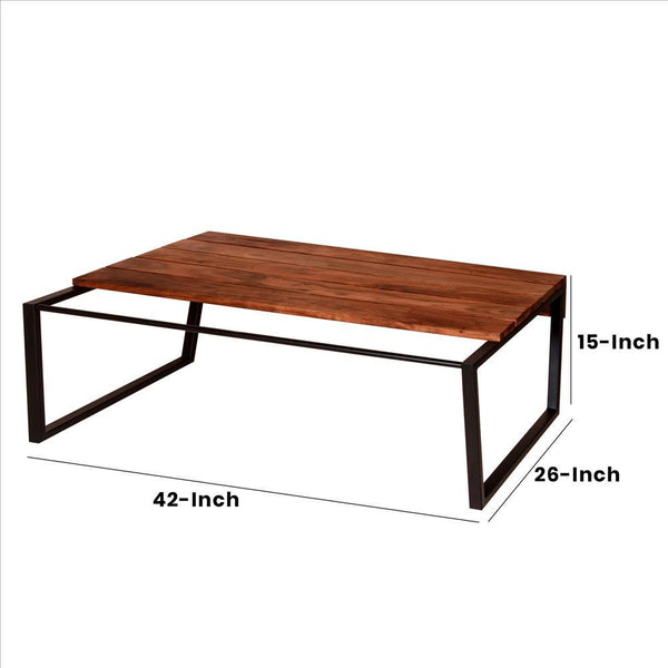 Rectangular Wooden Industrial Coffee Table With Metal Sled Base, Brown And Black
