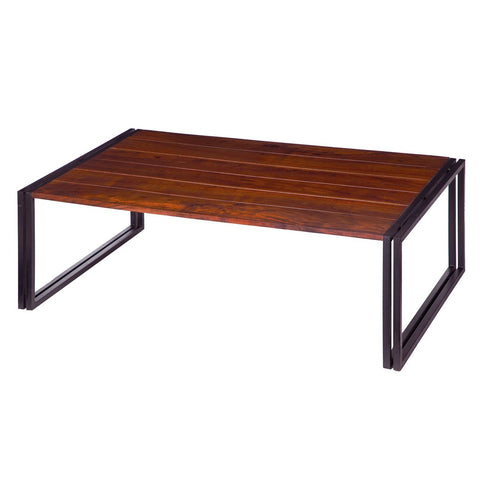 48 Inches Wooden Top Industrial Coffee Table With Metal Sled Base, Brown And Black