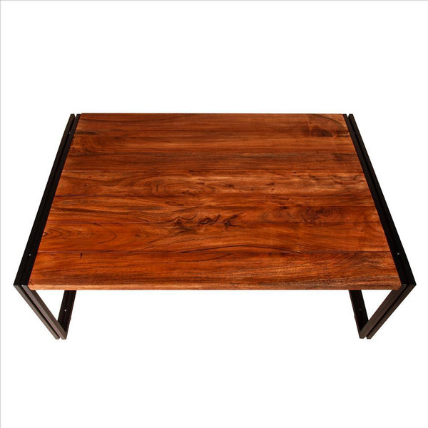 48 Inches Wooden Top Industrial Coffee Table With Metal Sled Base, Brown And Black