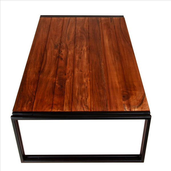48 Inches Wooden Top Industrial Coffee Table With Metal Sled Base, Brown And Black
