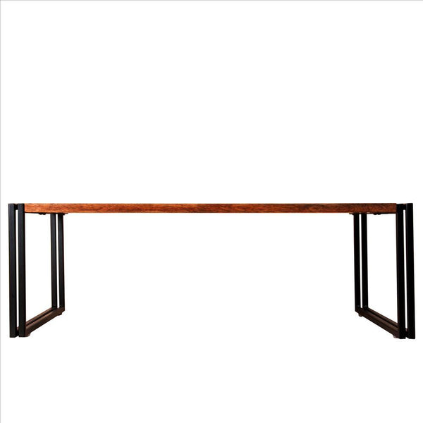 48 Inches Wooden Top Industrial Coffee Table With Metal Sled Base, Brown And Black
