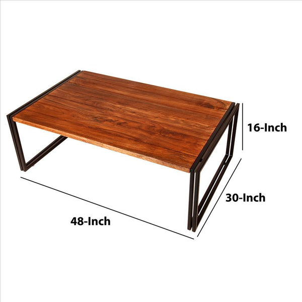 48 Inches Wooden Top Industrial Coffee Table With Metal Sled Base, Brown And Black