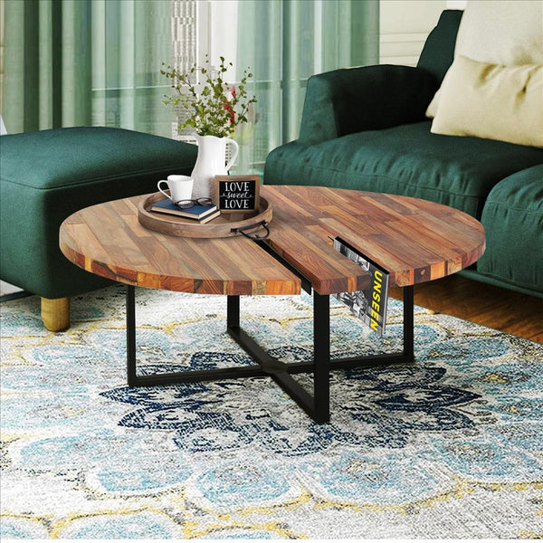 36 Inches Round Wooden Top Coffee Table With Metal Base, Brown And Black - UPT-238077