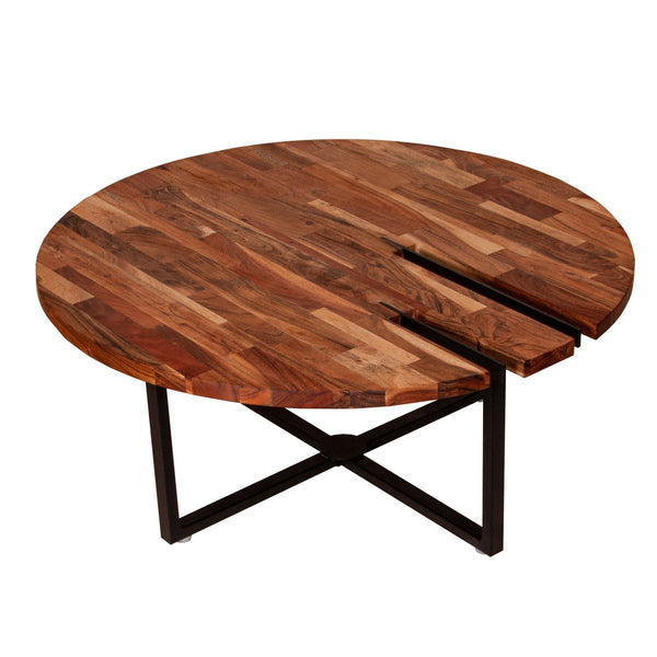 36 Inches Round Wooden Top Coffee Table With Metal Base, Brown And Black - UPT-238077