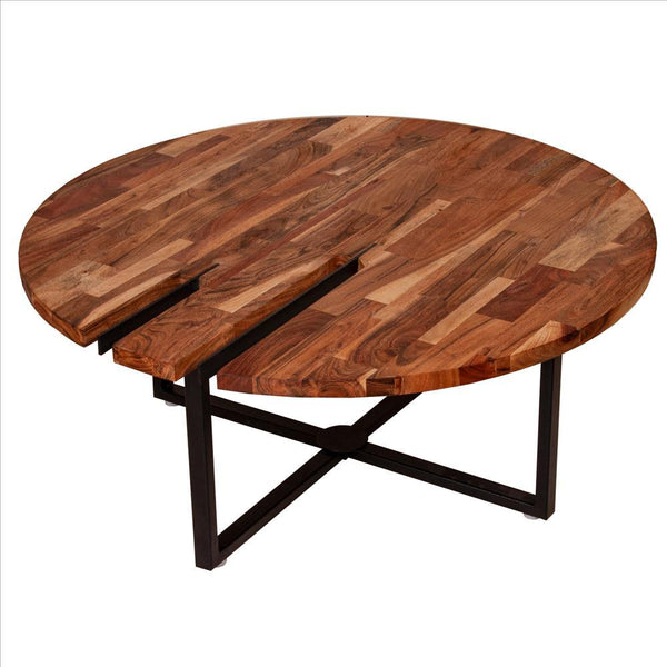 36 Inches Round Wooden Top Coffee Table With Metal Base, Brown And Black - UPT-238077