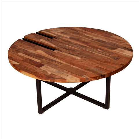 36 Inches Round Wooden Top Coffee Table With Metal Base, Brown And Black - UPT-238077