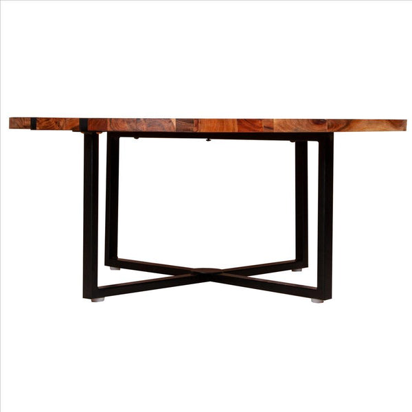 36 Inches Round Wooden Top Coffee Table With Metal Base, Brown And Black - UPT-238077