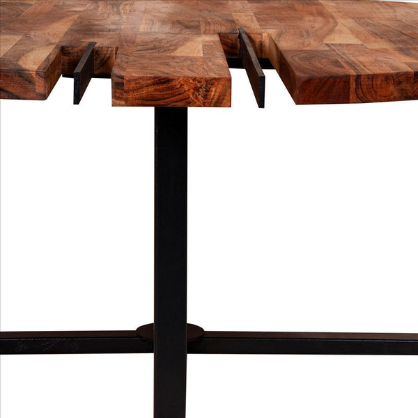 36 Inches Round Wooden Top Coffee Table With Metal Base, Brown And Black - UPT-238077