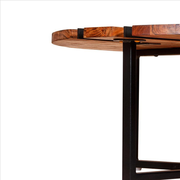 36 Inches Round Wooden Top Coffee Table With Metal Base, Brown And Black - UPT-238077