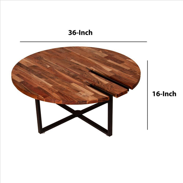 36 Inches Round Wooden Top Coffee Table With Metal Base, Brown And Black - UPT-238077