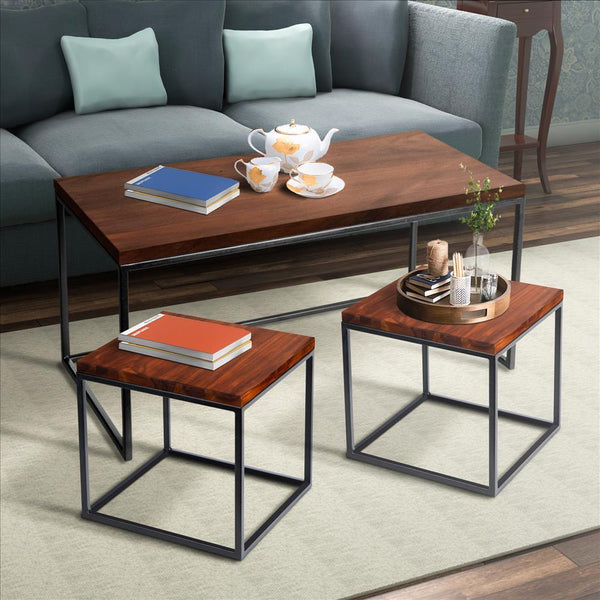 3 Piece Solid Wood Coffee Table Set With Grain Details And Metal Frame, Brown