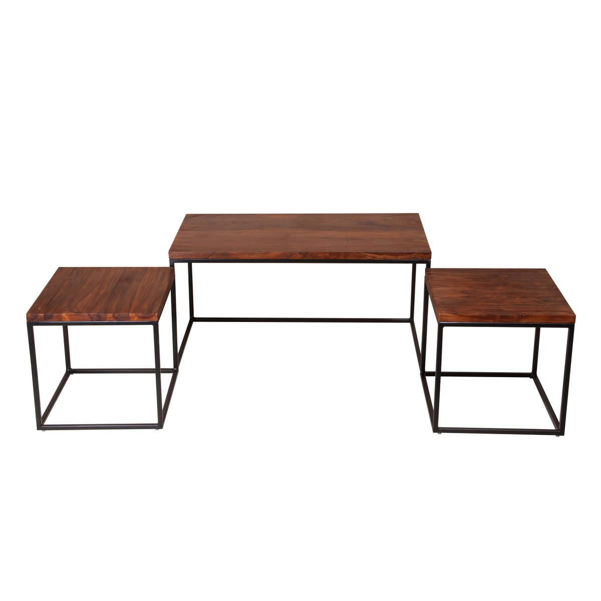 3 Piece Solid Wood Coffee Table Set With Grain Details And Metal Frame, Brown
